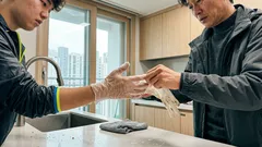 뒤집힌 비닐장갑, 오염면 안 만지고 30초 만에 다시 끼우는 법