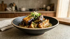 바삭하게 튀긴 가지에 게살풍 앙카케 소스 듬뿍—밥 위에 올리면 덮밥 완성